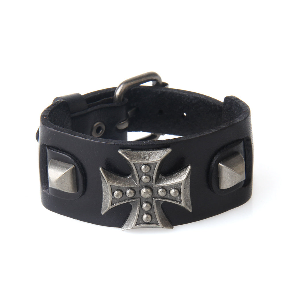 Unisex genuine leather bracelet with metal cross and studs for biker fashion, adjustable with toggle clasp.