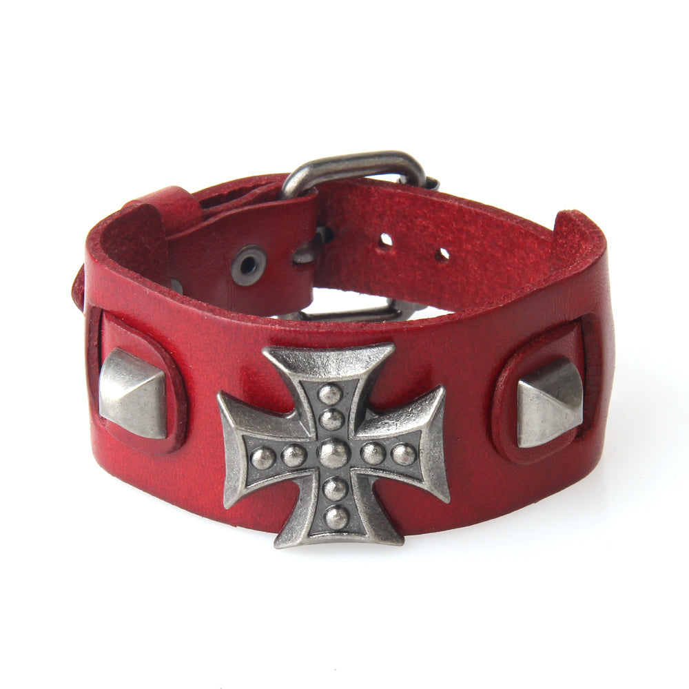 Cross wide genuine leather wrap bracelet for men and women, featuring a metal cross and studs in bold red.