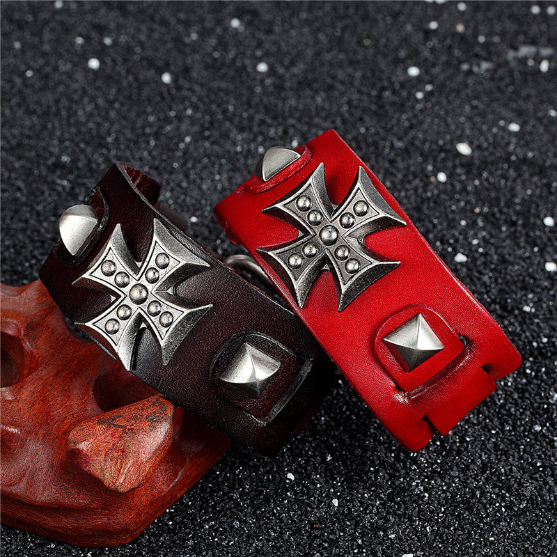 Cross wide genuine leather wrap bracelets for men and women, featuring zinc alloy cross and studs.