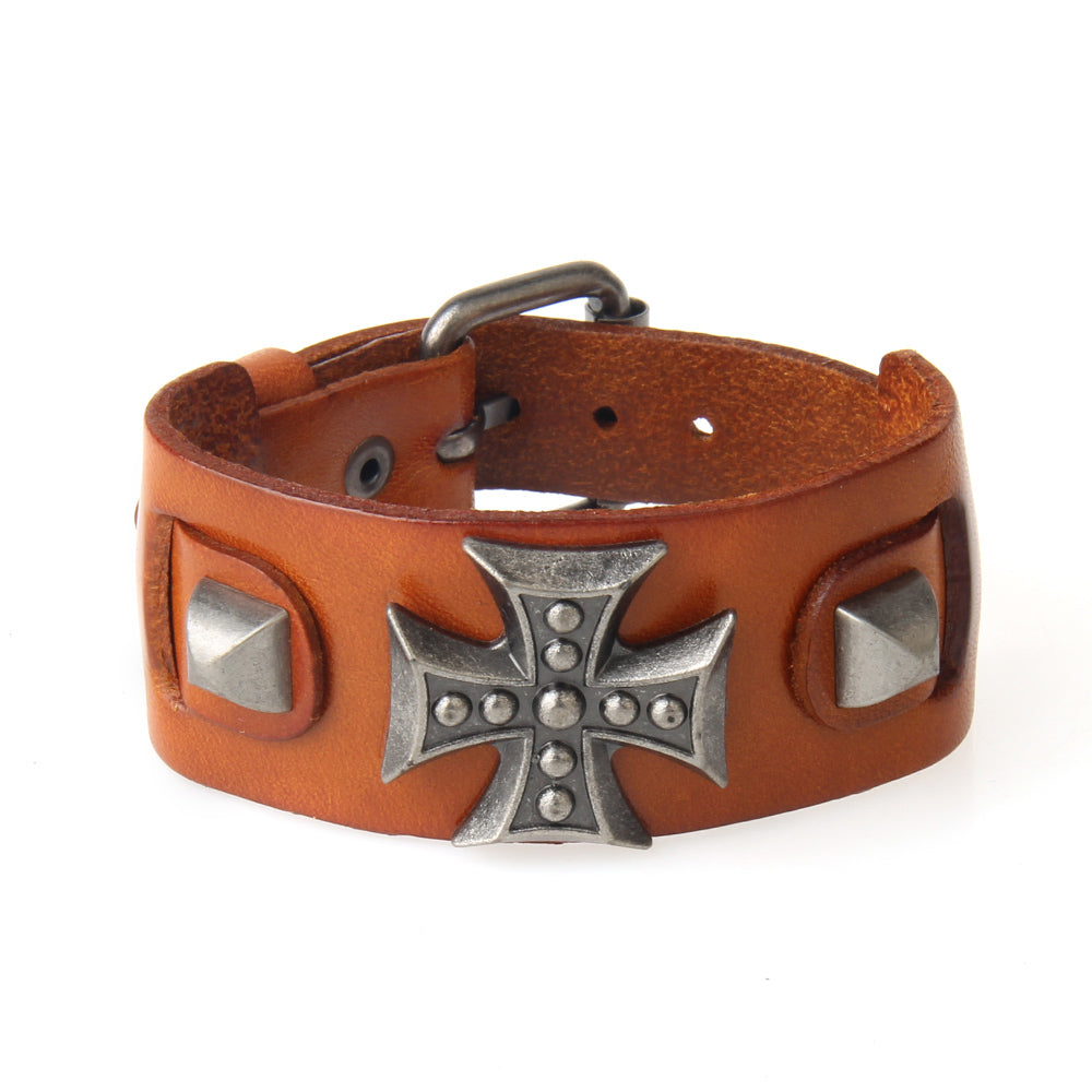 Cross wide genuine leather wrap bracelet for men and women featuring zinc alloy details and adjustable toggle clasp.