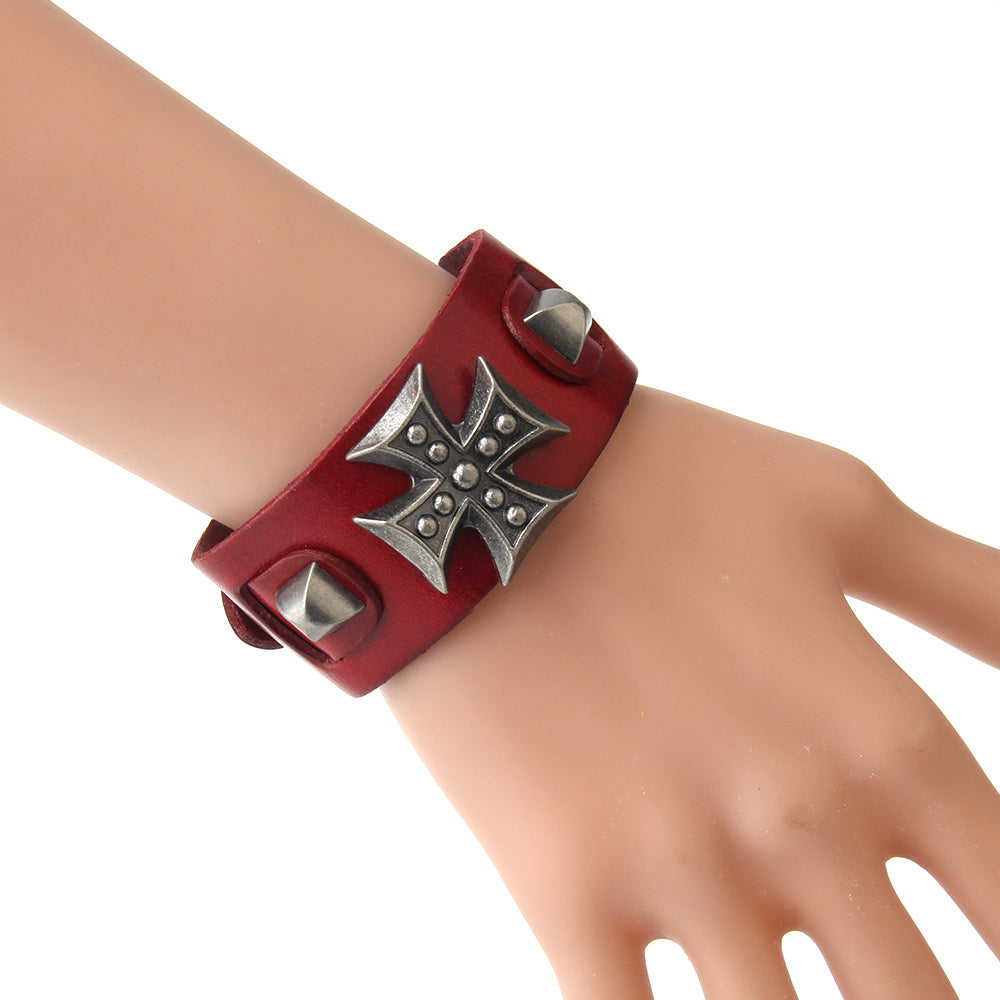 Cross wide genuine leather wrap bracelet on a hand, featuring metal cross detail and adjustable clasp for men and women.