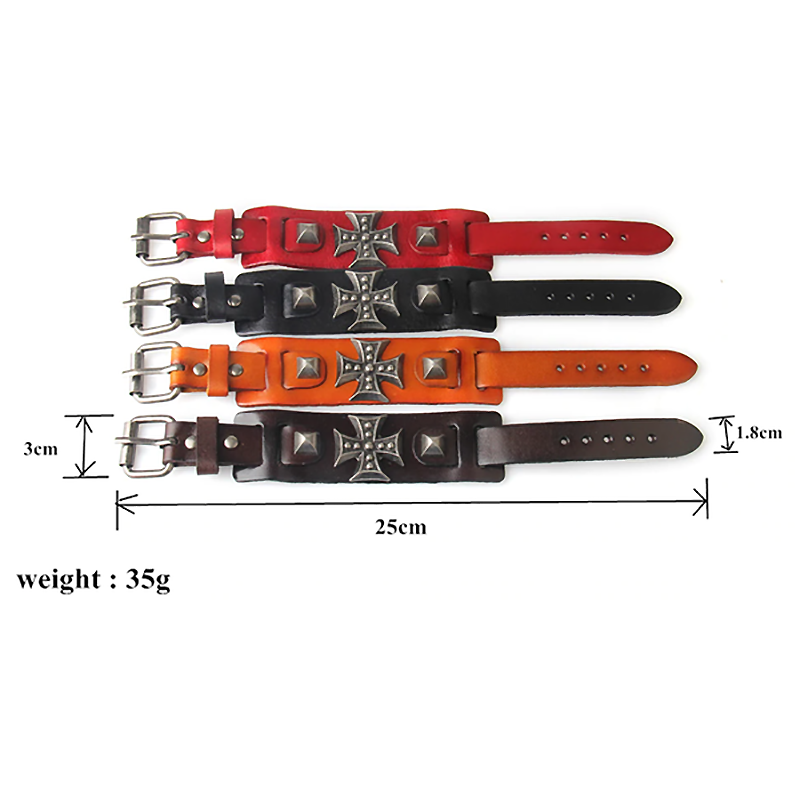 Cross wide genuine leather wrap bracelets in red, black, orange, and brown with silver metal accents.