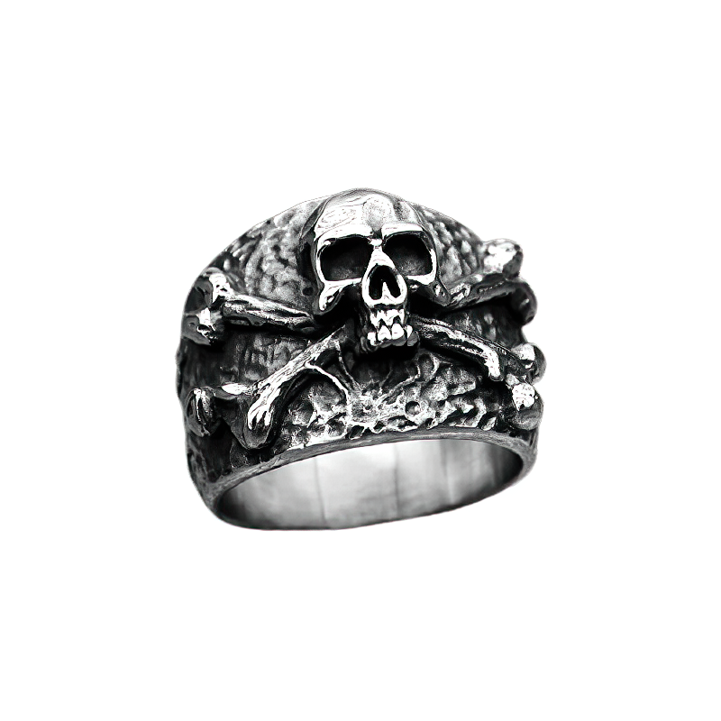 Crossbones silver color pirate ring featuring skull and bones design, perfect for punk or rock style jewelry.