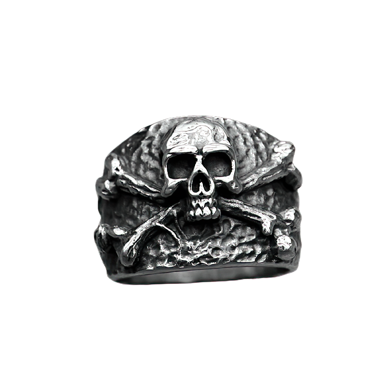 Silver color pirate ring featuring a skull and crossbones design, perfect for punk and rock style outfits.