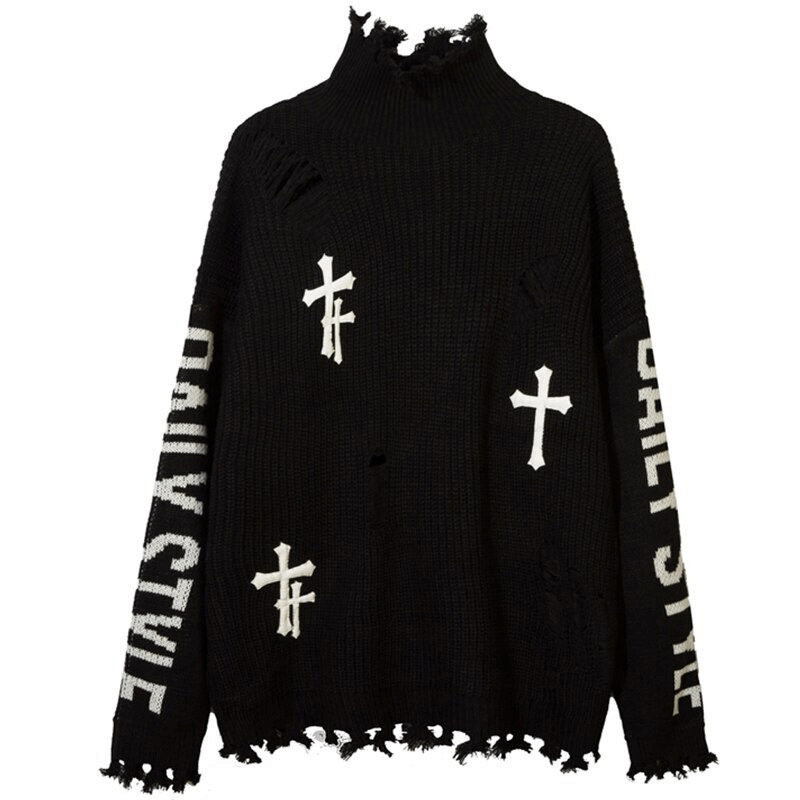 Crosses Pattern Ripped Knitted Sweaters / Gothic Men's Oversized Acrylic Jumpers