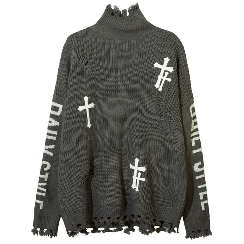 Crosses Pattern Ripped Knitted Sweaters / Gothic Men's Oversized Acrylic Jumpers