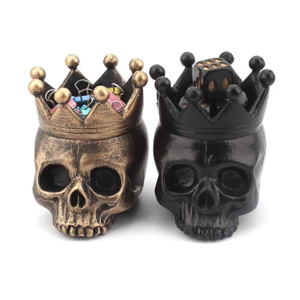 Crown skull candle holders in black and gold, perfect for gothic home decor and stylish storage solutions.