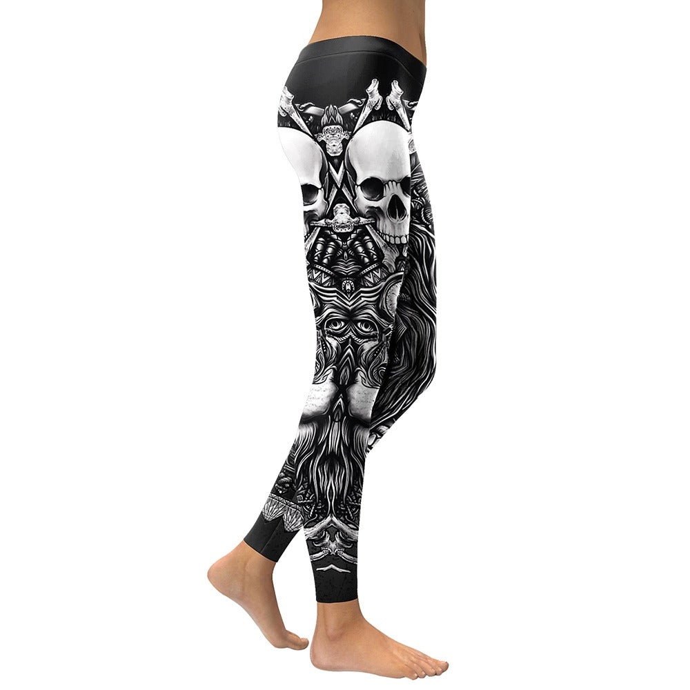 Custom Women's Rock Skull Leggings in black and white skull design, perfect for goth or rock outfits.