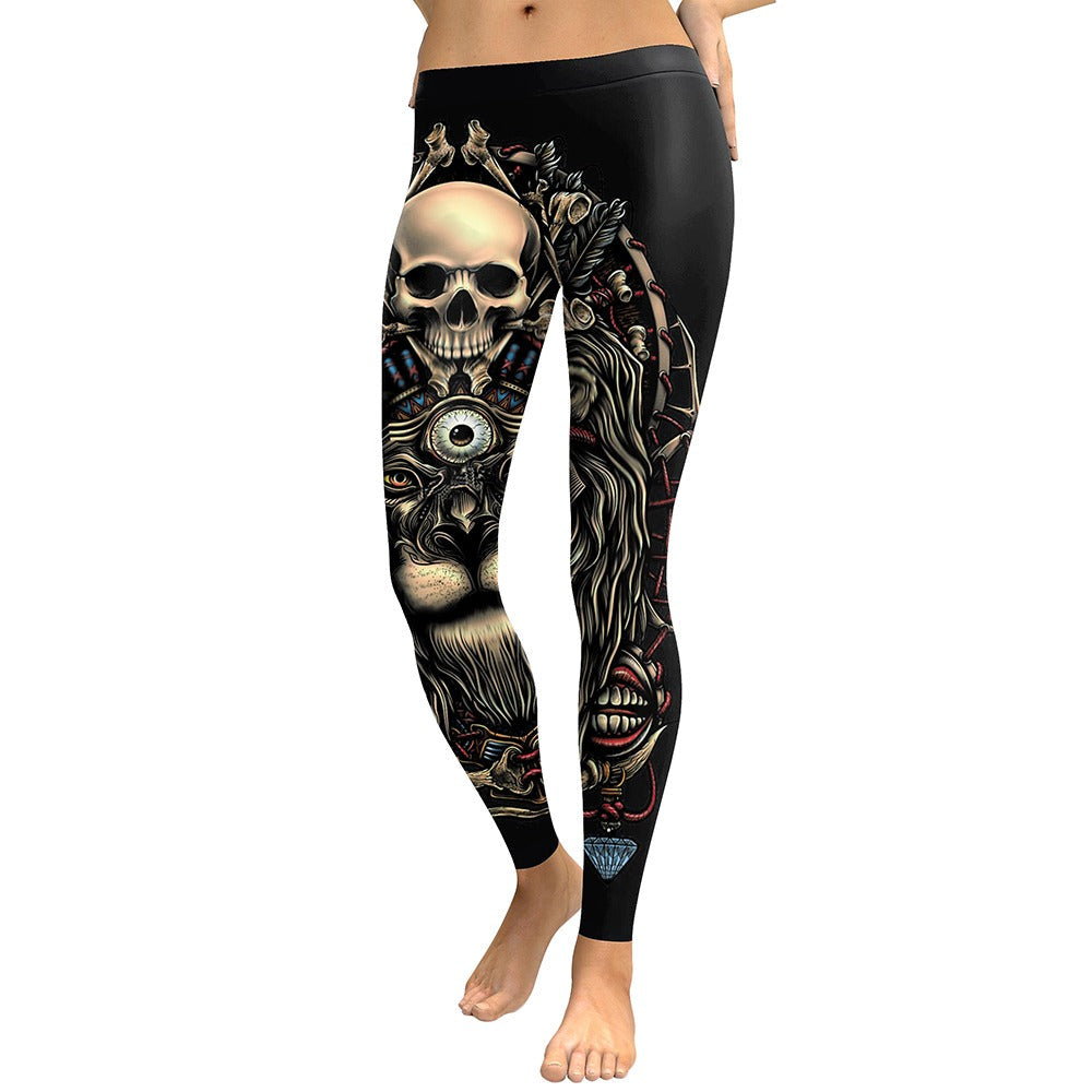 Custom sublimation print women's rock skull leggings with vibrant vintage steampunk design, perfect for gothic outfits.