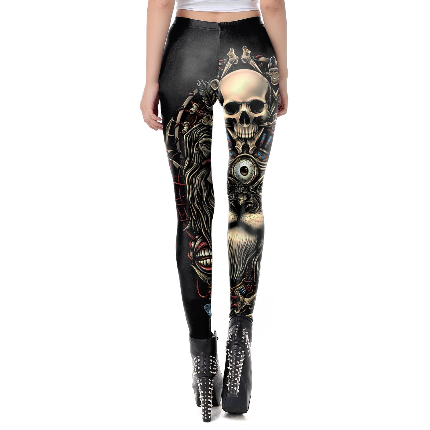 Custom women's rock skull leggings featuring a bold design of skulls and gothic elements, perfect for edgy styles.