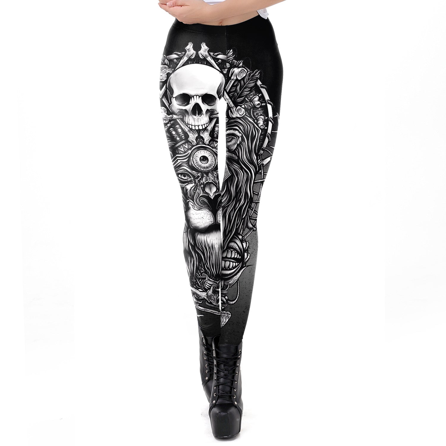 Women's Rock Skull Leggings featuring eye-catching skull and lion designs for a unique retro steampunk style.