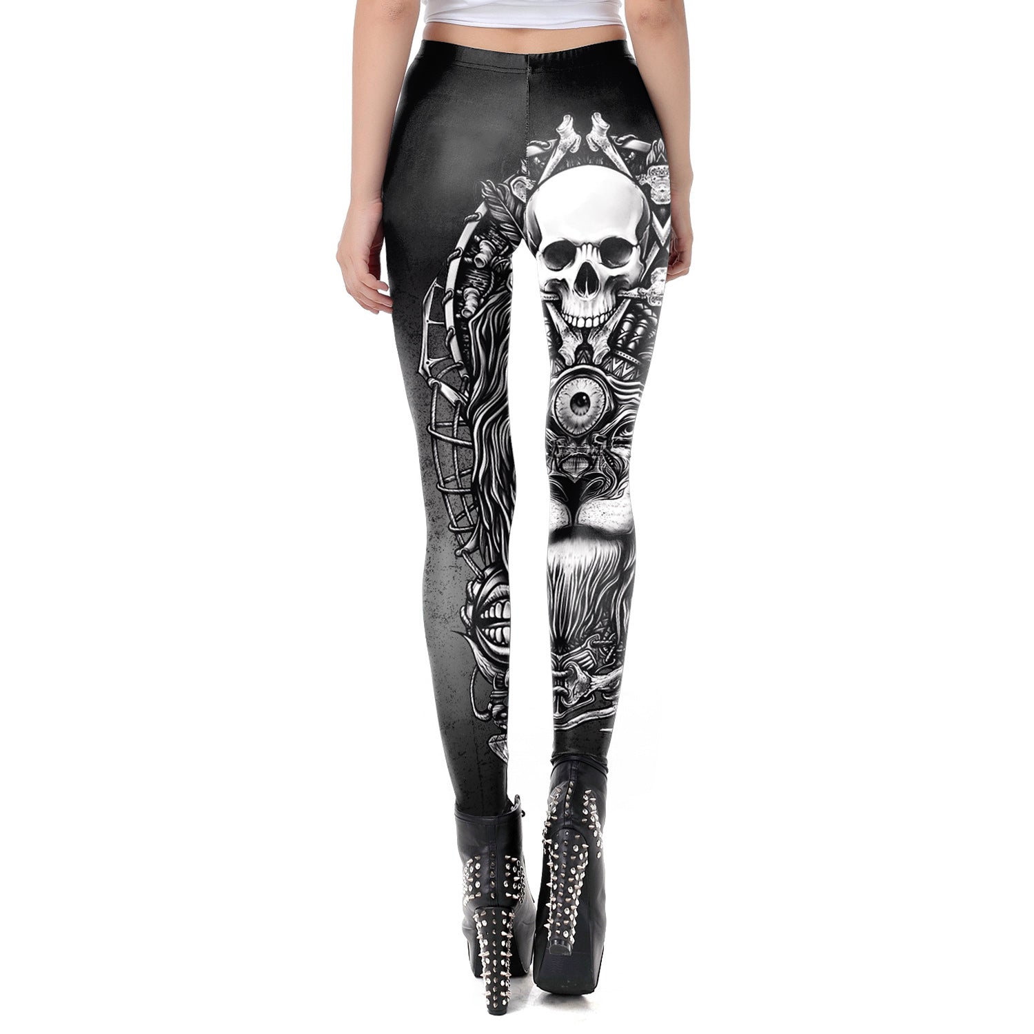 Back view of women's rock skull leggings designed with intricate steampunk patterns, perfect for a gothic style.