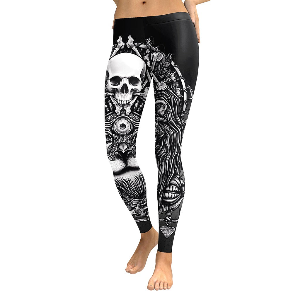 Custom sublimation print women's rock skull leggings for edgy retro style and comfort.