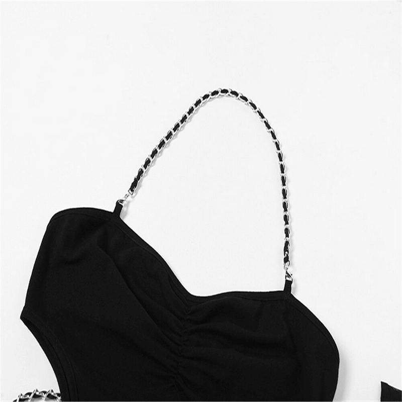 Close-up of the chain strap on a black bodycon mini dress, showcasing its stylish design and aesthetic appeal.