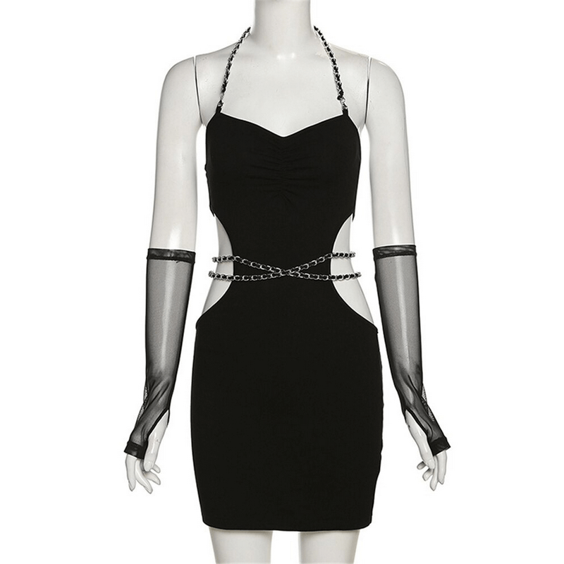 Cut out black bodycon mini dress with chain belt and detached sleeves for a sexy aesthetic look.