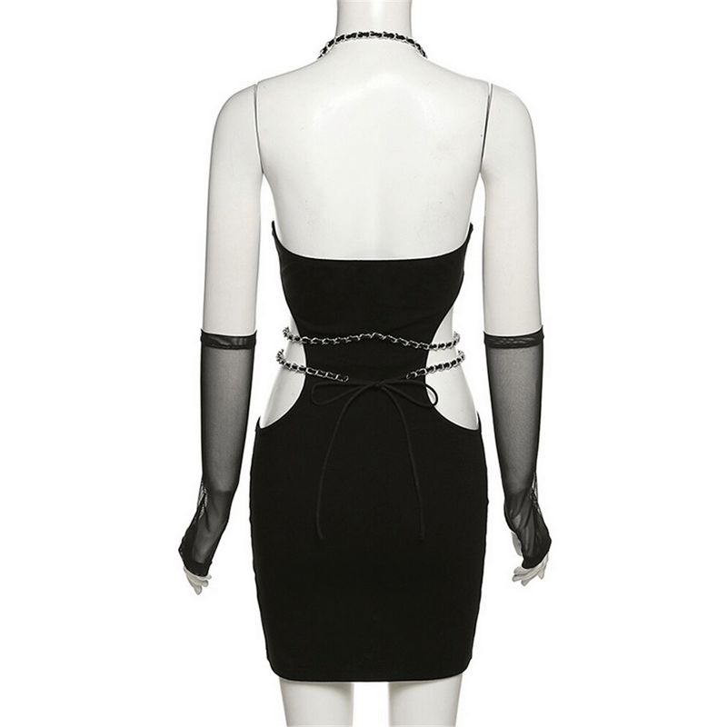 Back view of a black bodycon mini dress with chain belt and detached sleeves, showcasing a sexy aesthetic style.