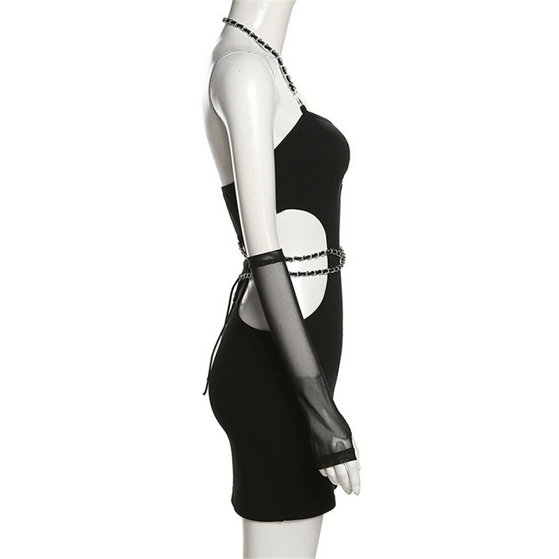 Stylish black bodycon mini dress with chain belt and detached sleeves, perfect for a chic night out.
