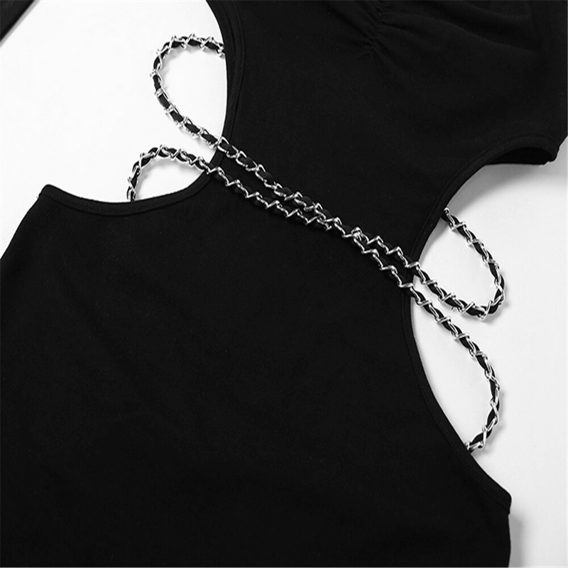Cut out black bodycon mini dress featuring a stylish chain belt and unique detached sleeves.