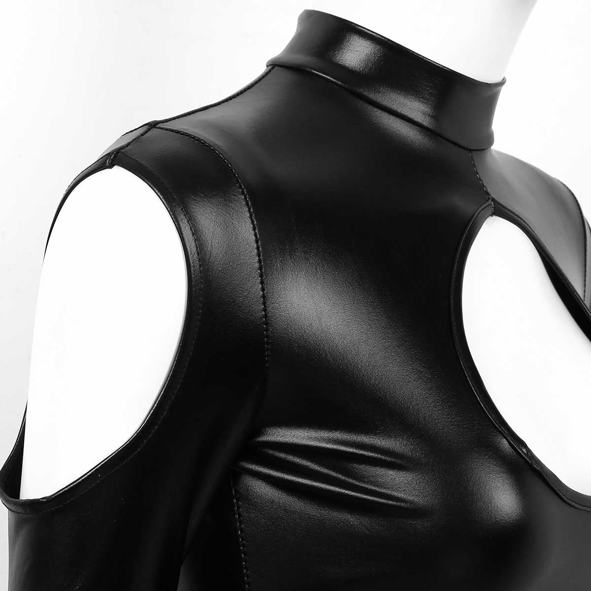 Close-up of cut out shoulders on a black bodycon mini dress, showcasing sexy keyhole design and sleek material.