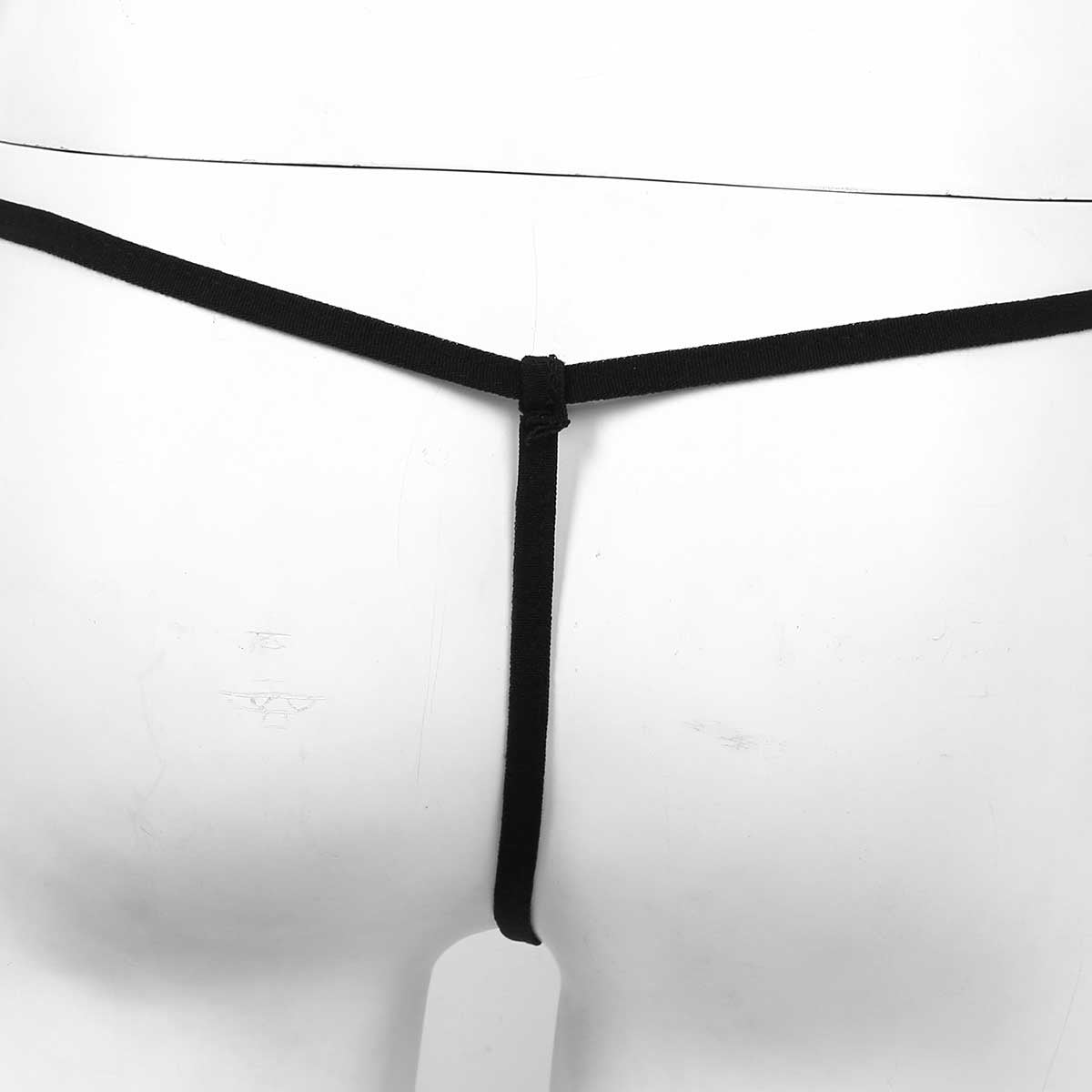 Black g-string briefs featuring a minimalistic design, perfect for under sexy outfits or as part of a daring costume.