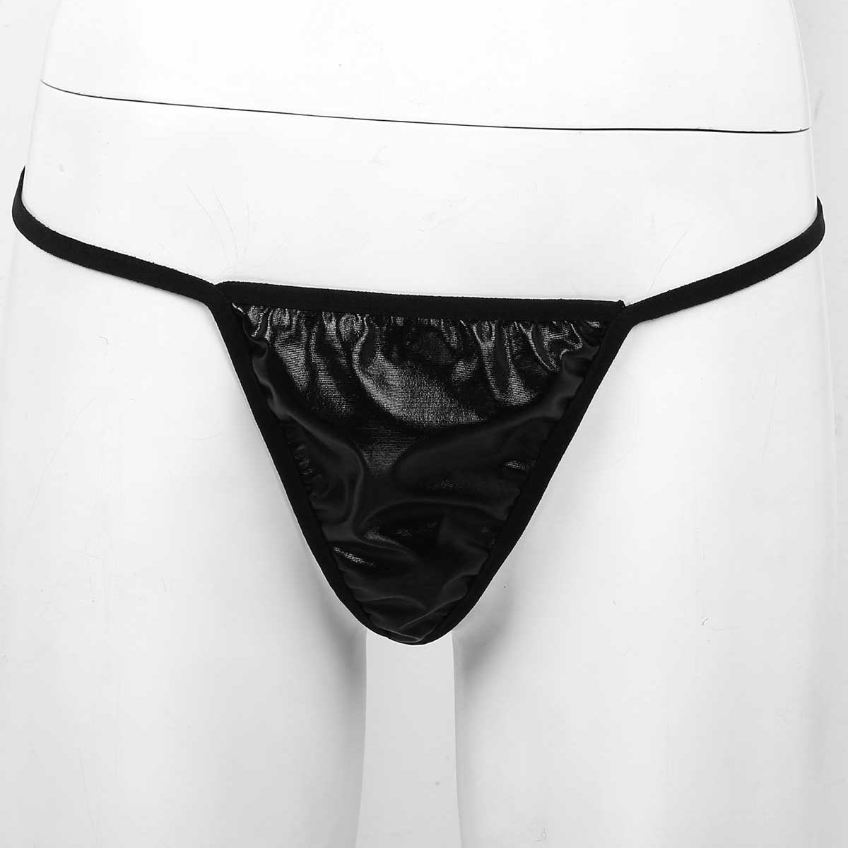 Sleek black g-string briefs on a mannequin showcasing an erotic and comfortable fit for dance and intimate wear.