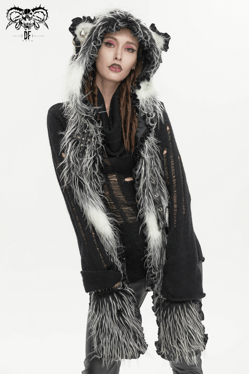 Cute gray faux fur ear flap hat with paws gloves, perfect casual accessory for warmth and style.