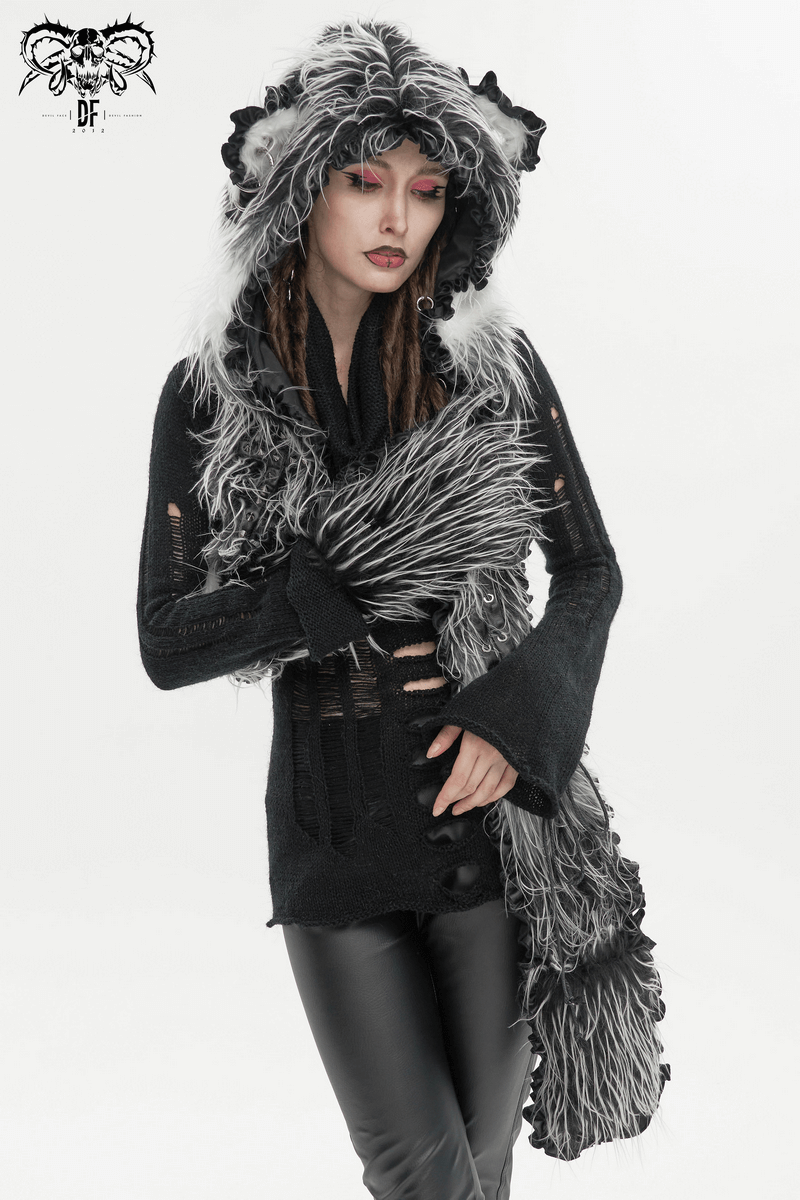 Stylish model wearing a black and gray animal ear flap hat with faux fur and matching scarf, showcasing a unique casual look.