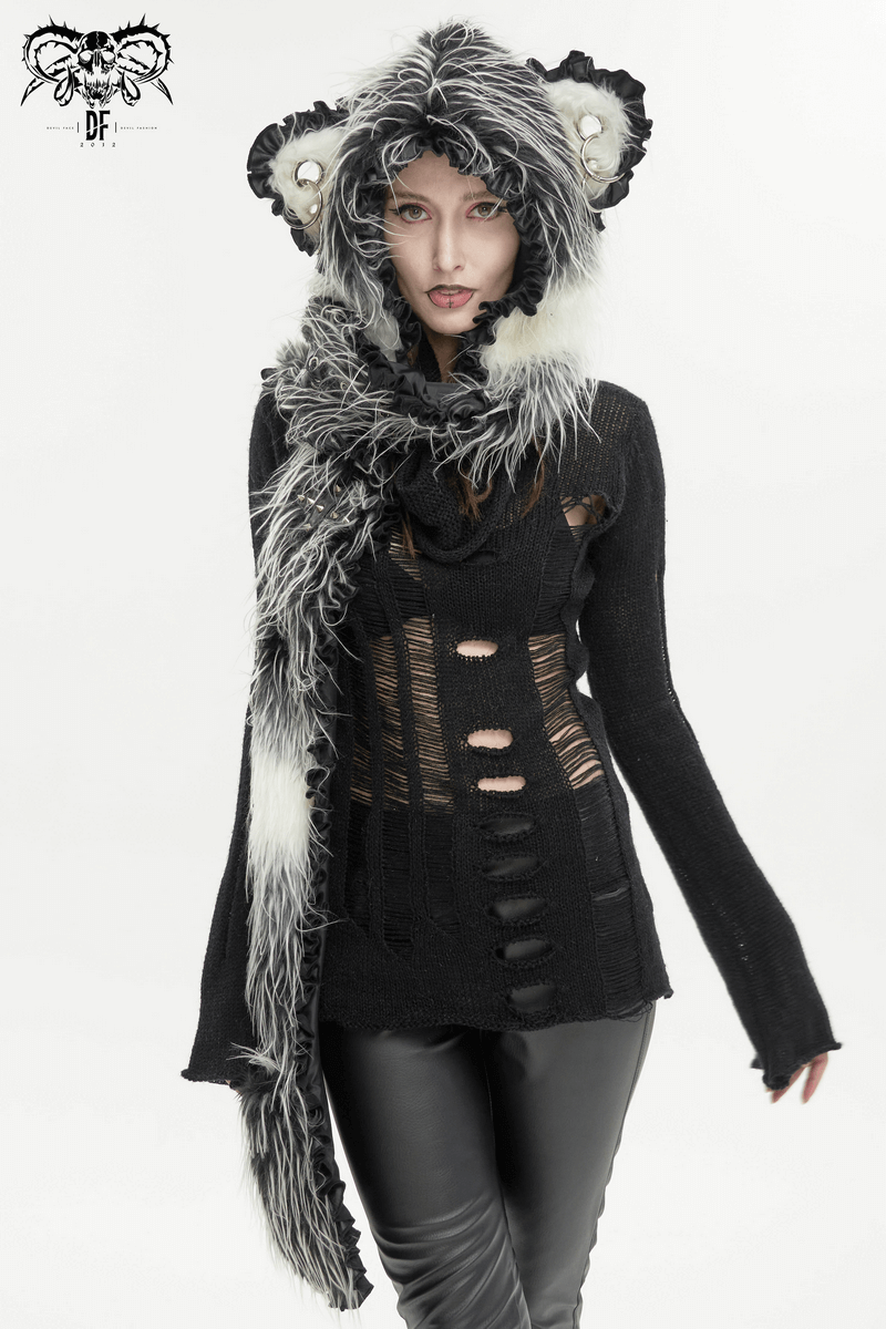 Cute gray animal ear flap hat with paws, cozy faux fur, paired with edgy black sweater, perfect for stylish winter looks.