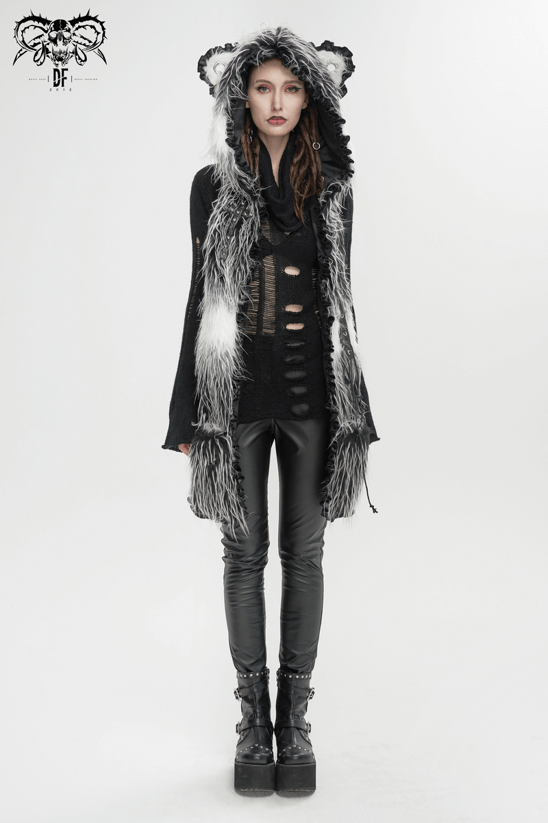 Stylish gray animal ear flap hat with faux fur and paws gloves, perfect for casual winter outfits.