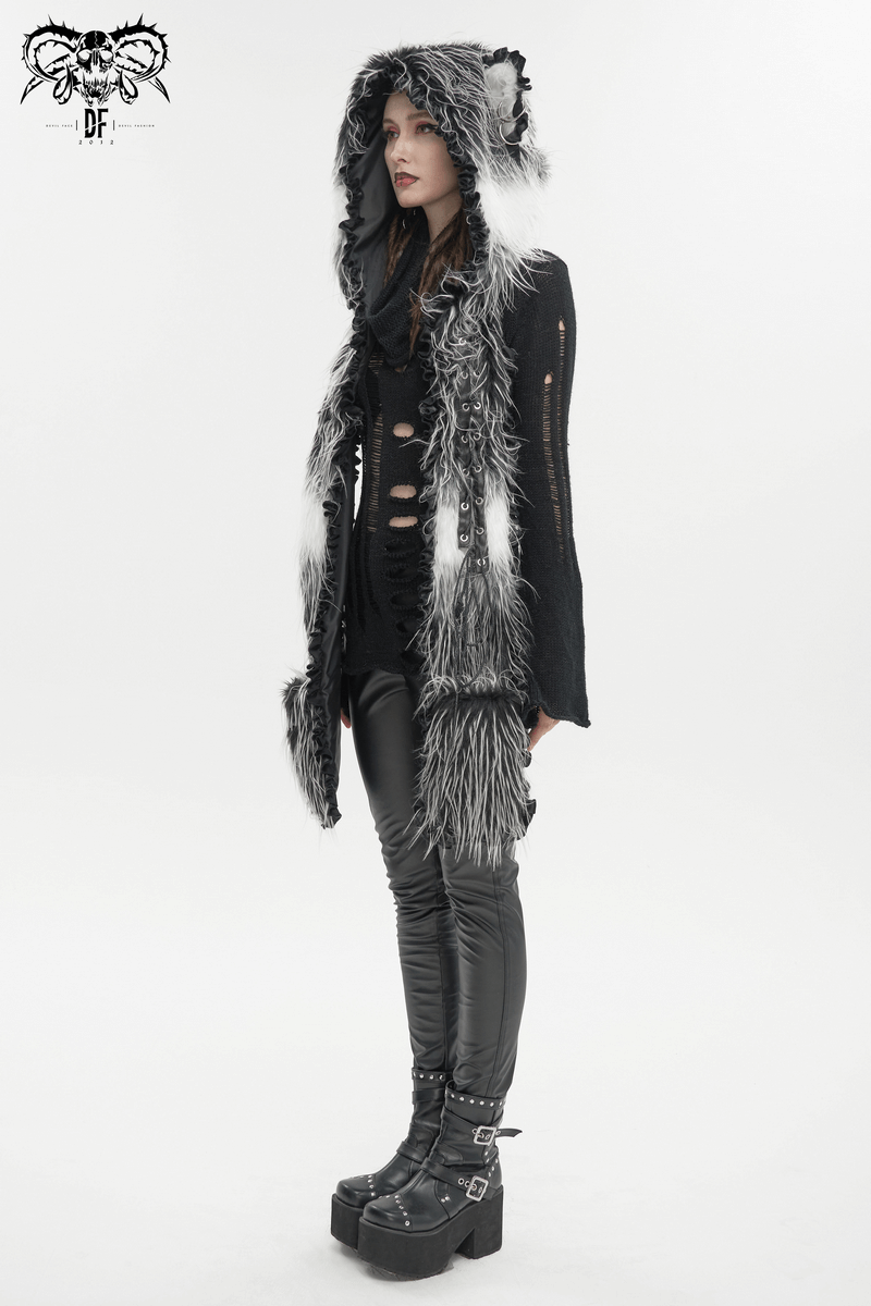 Stylish model wearing a grey faux fur hooded coat with stitching details and black pants, perfect for a trendy casual look.