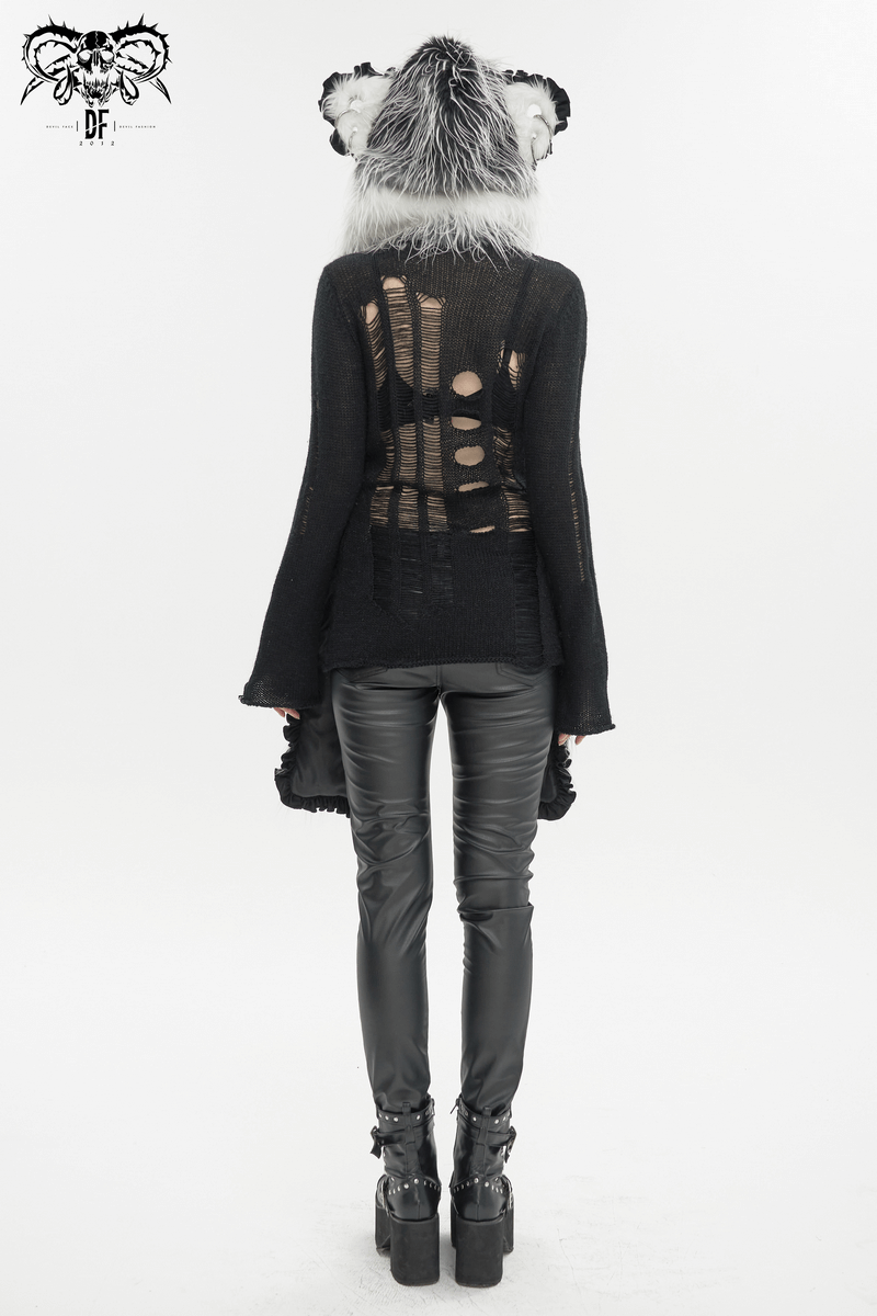 Cute gray animal ear flap hat with paws gloves, worn with a stylish black outfit from the back.