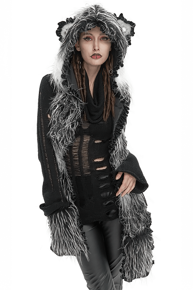 Trendy model showcasing a cute gray animal ear flap hat with paws gloves and faux fur accents.