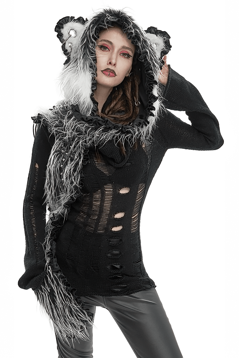 Cute gray faux fur animal ear flap hat with Paws gloves, perfect for cozy casual outfits and stylish winter fun.