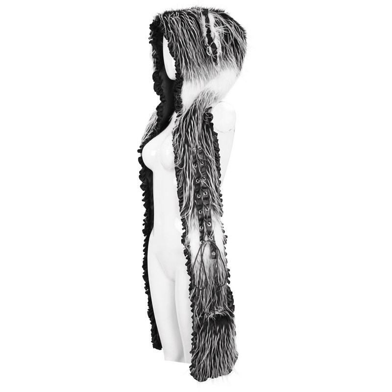 Cute gray faux fur hooded scarf with rivets, perfect for casual outfits and keeping warm.