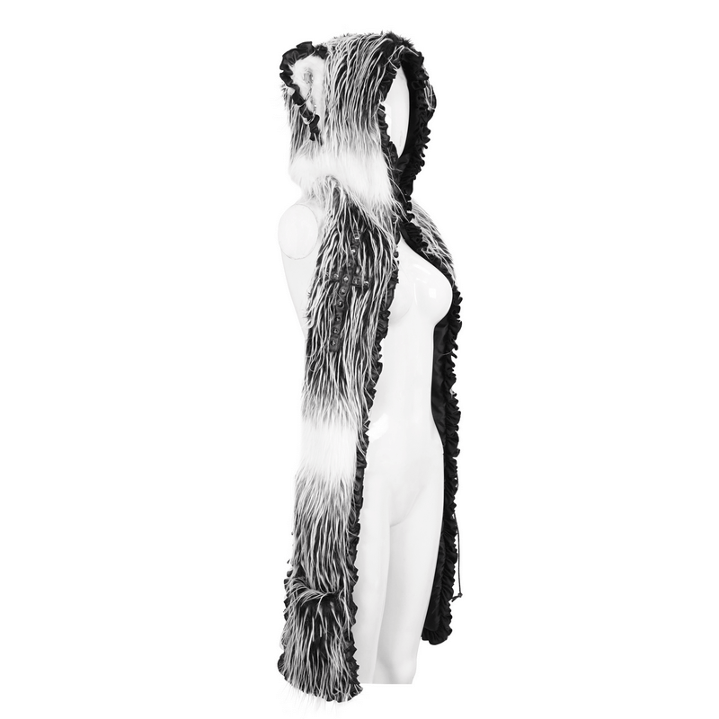 Cute gray faux fur hooded scarf with animal ears, featuring stylish ruffles and a cozy design.