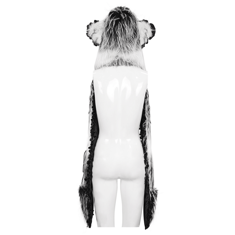 Back view of cute gray faux fur animal ear flap hat with paws gloves, showcasing its stylish design and warmth.