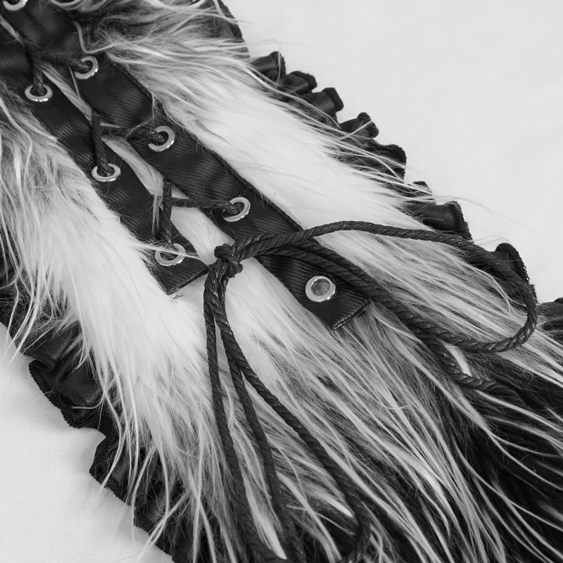 Close-up of grey faux fur with rivets and lacing detail on a cute casual hat accessory.