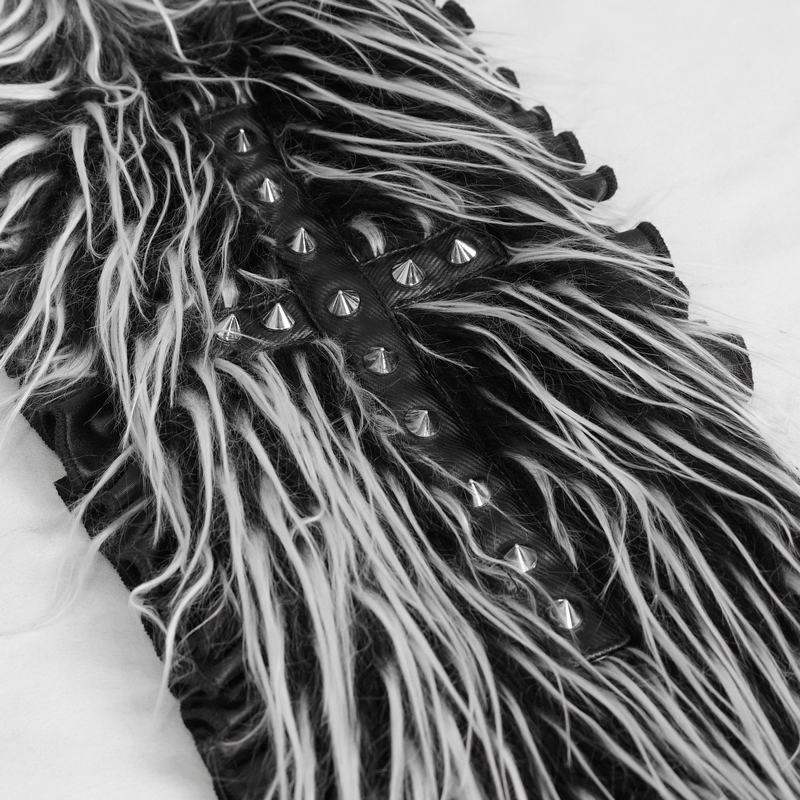 Close-up of stylish black faux fur with rivets, perfect for adding flair to your outfit.