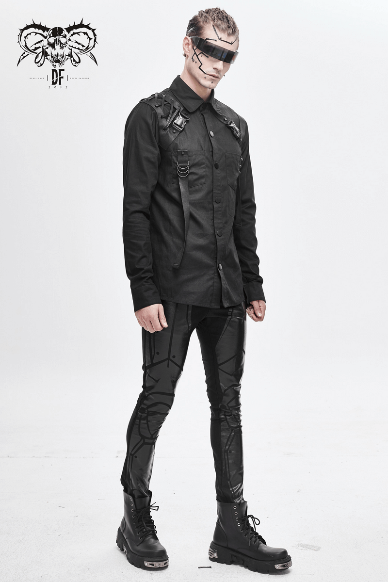 Cyberpunk Style Mens Long Sleeve Shirt / Comfortable Black Shirt with Straps - HARD'N'HEAVY