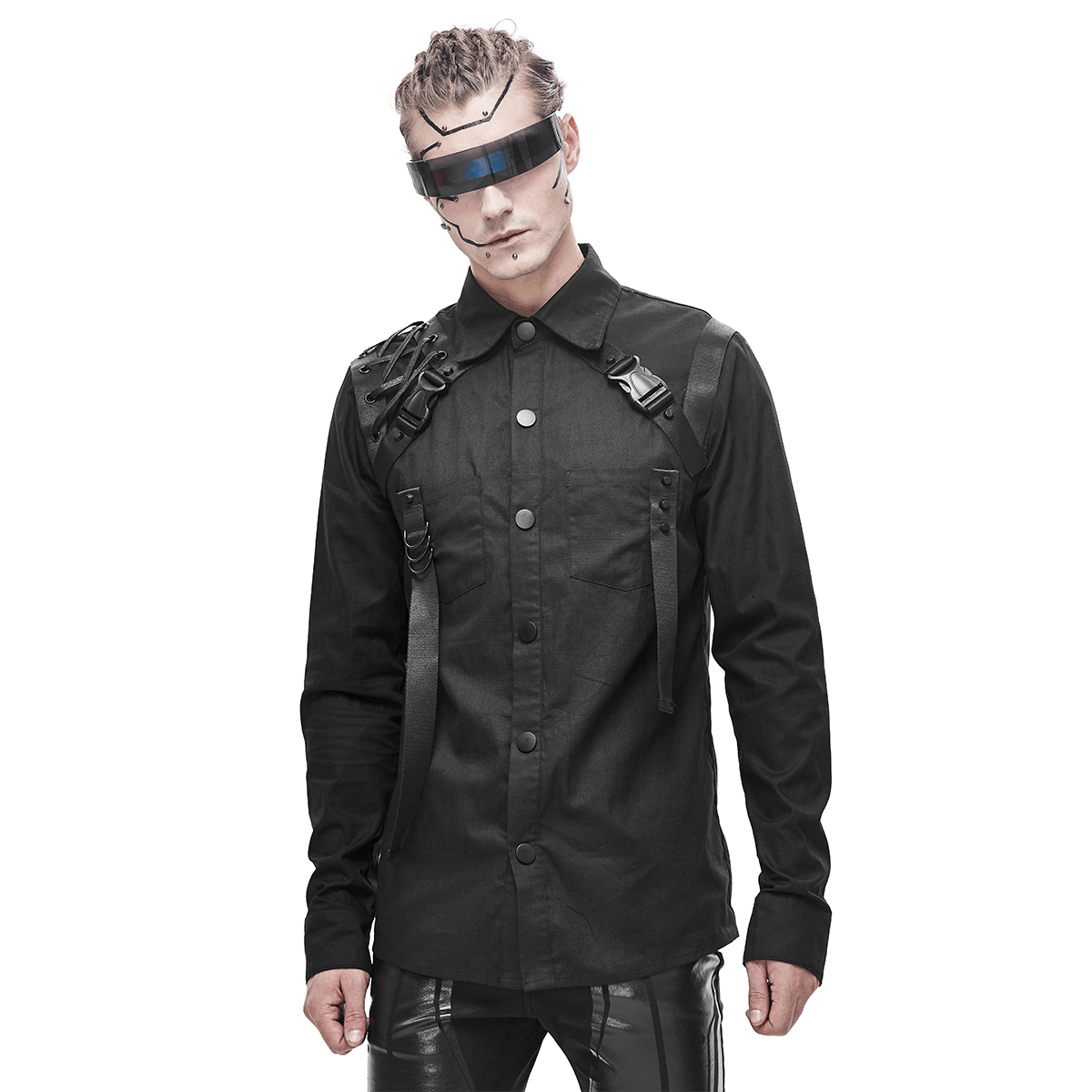 Cyberpunk Style Mens Long Sleeve Shirt / Comfortable Black Shirt with Straps - HARD'N'HEAVY