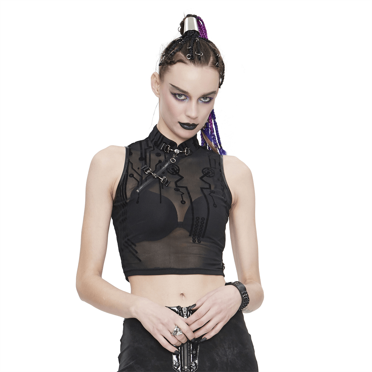 Cyberpunk Women's Sexy Transparent Crop Top / Slim Fit Sleeveless Tops with SCI-FI Flock Print - HARD'N'HEAVY