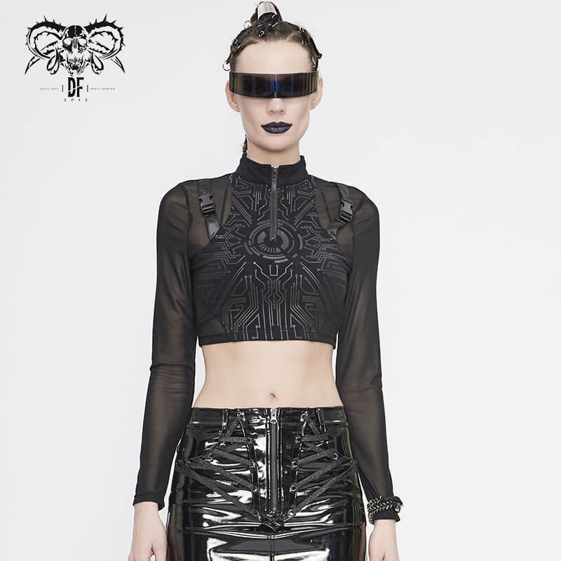 Cyberpunk Women's Sheer Black Crop Top / High Neck Collar Lace Tops With Buckle Straps on Shoulders - HARD'N'HEAVY