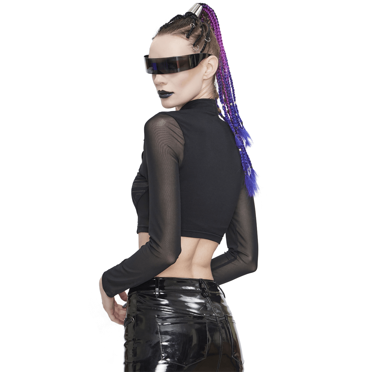 Cyberpunk Women's Sheer Black Crop Top / High Neck Collar Lace Tops With Buckle Straps on Shoulders - HARD'N'HEAVY
