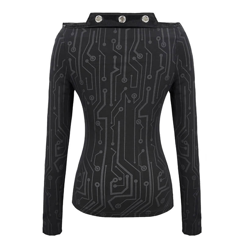 Cyberpunk Women's Stretch Top with Sci-Fi Print / Black Long Sleeves Tops with Small Zipper - HARD'N'HEAVY
