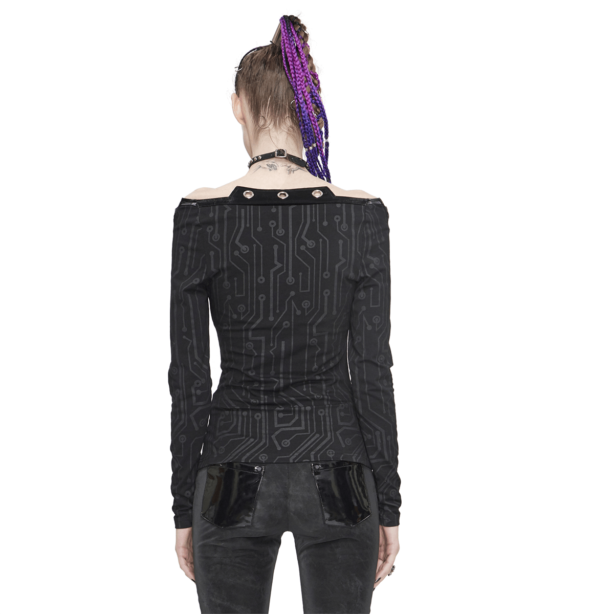 Cyberpunk Women's Stretch Top with Sci-Fi Print / Black Long Sleeves Tops with Small Zipper - HARD'N'HEAVY
