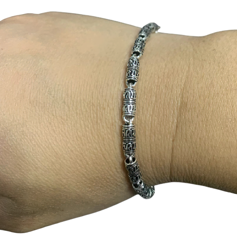 Ethnic cylindrical bracelet made of real 925 silver, featuring intricate engraved symbols for men and women.