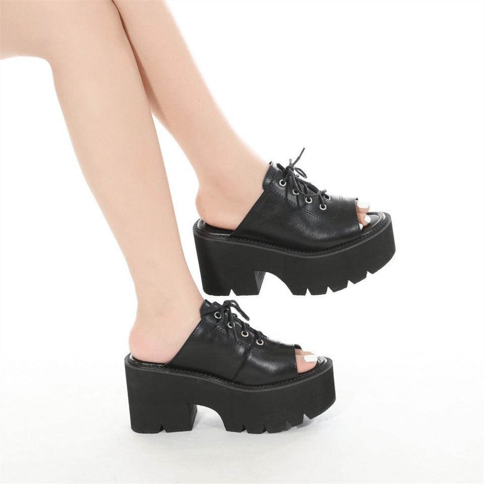 Stylish black open-toe mules sandals for women with platform sole and lace-up design, perfect for gothic fashion.