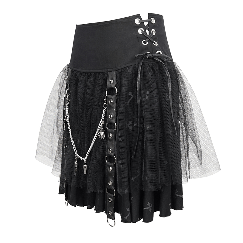 Trendy black punk skirt with waist straps, detachable metal chain, and stylish tulle overlay. Perfect edgy addition to your wardrobe!