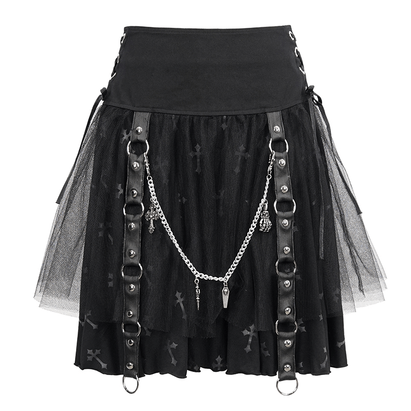 Dark Crosses Print Ladies Skirt With Waist Straps / Detachable Metal Chain Punk Black Skirt
