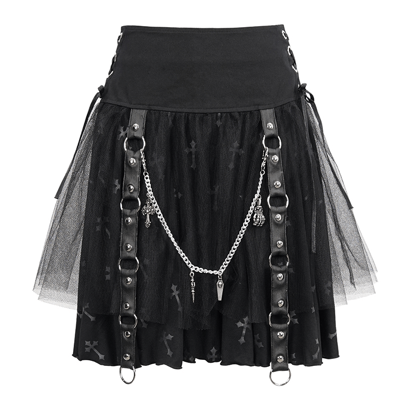 Trendy black punk skirt with detachable chain and cross print, featuring stylish waist straps and layered tulle design.